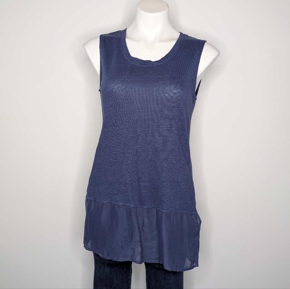 Foil Blue Linen Silk Scoop Neck Tank Top M